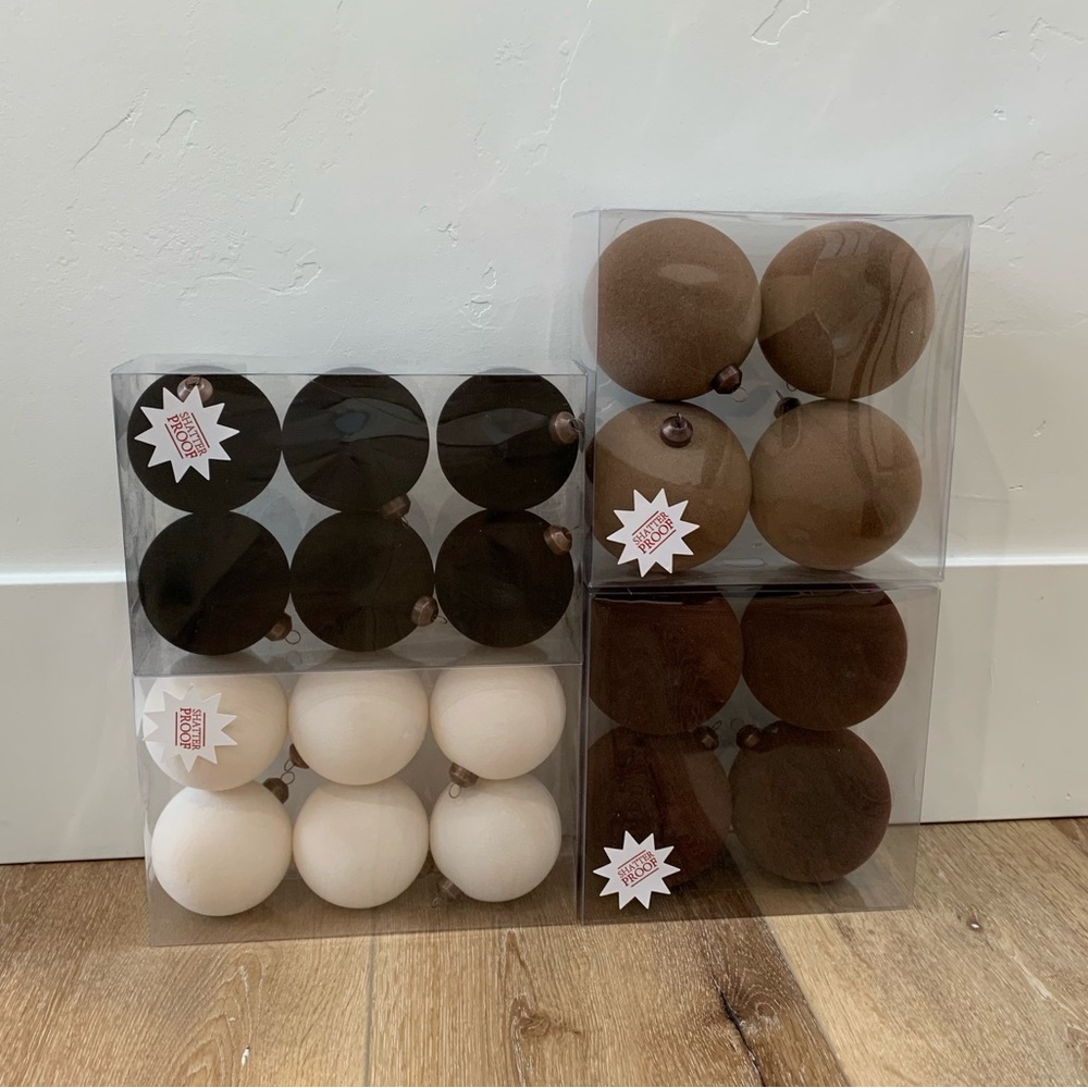 NEW Hobby Lobby Flocked Ball Ornaments—Full Set—Brown, Black, Dark Brown, Ivory